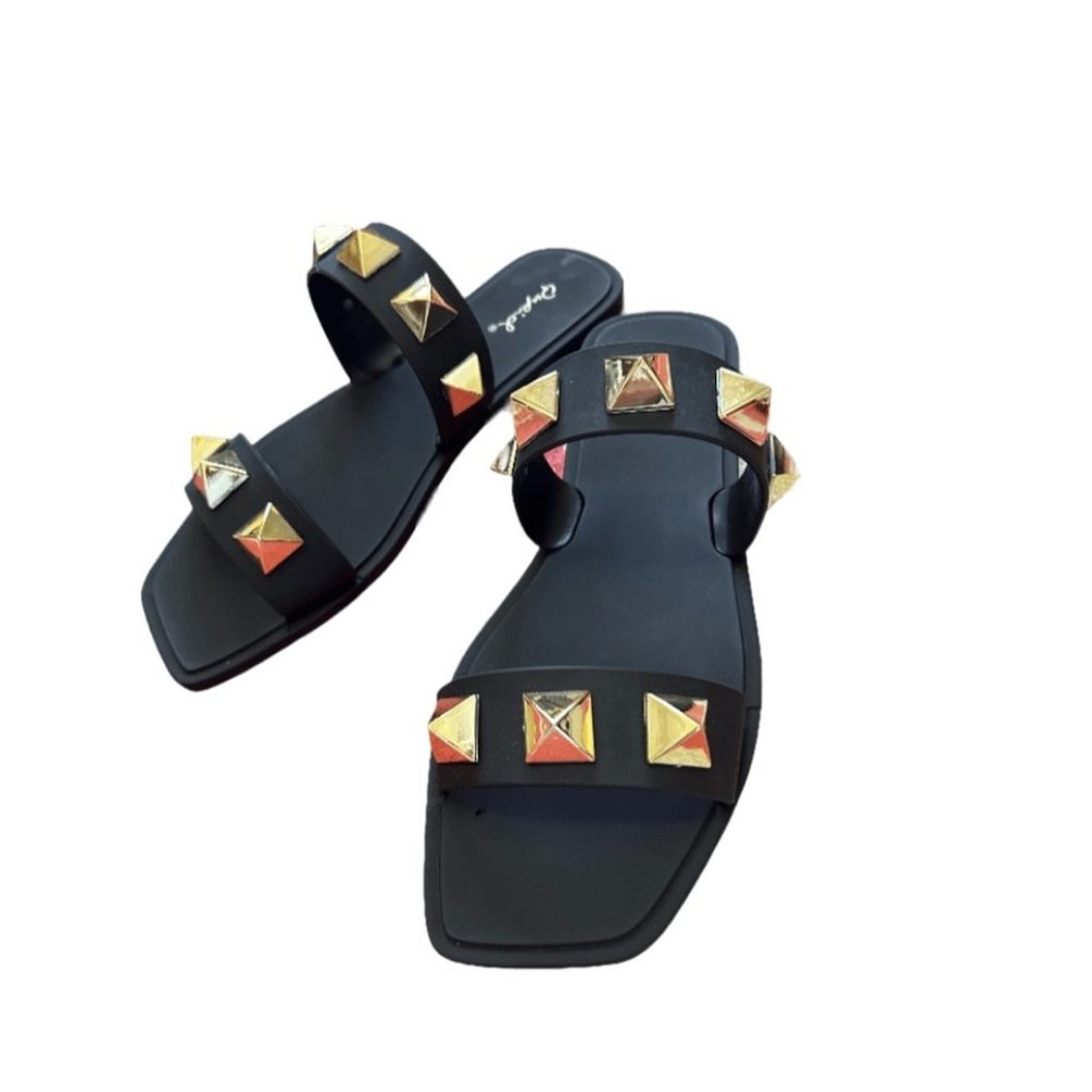Women's QUPID Size 8 Black and Gold Spike Slip-on Sandal - NEW!